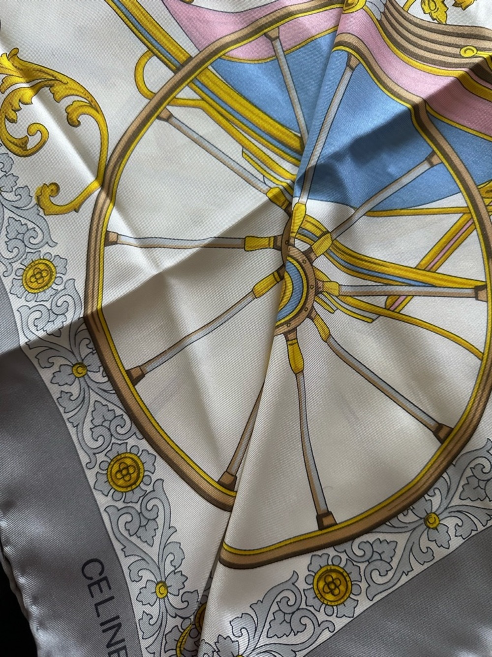 Vintage Celine Paris 100% Silk Scarf 33x34 Equestrian Carriage Wheel Print Italy - Picture 6 of 10